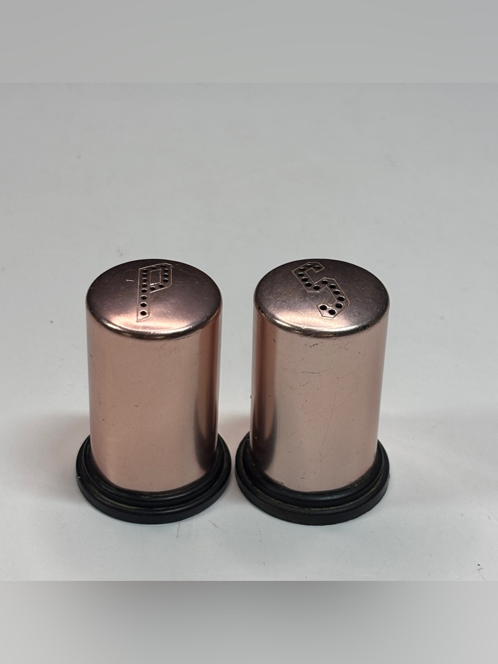 VINTAGE Salt & Pepper Shaker Set Rose Copper-Colored Aluminum 2” Made In USA MCM